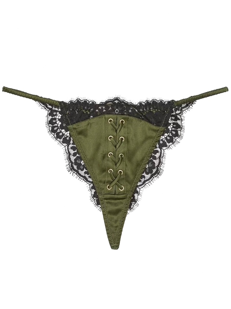 Atelier X Victoria's Secret S Woodland Green Satin Lace Trim Tanga Panty